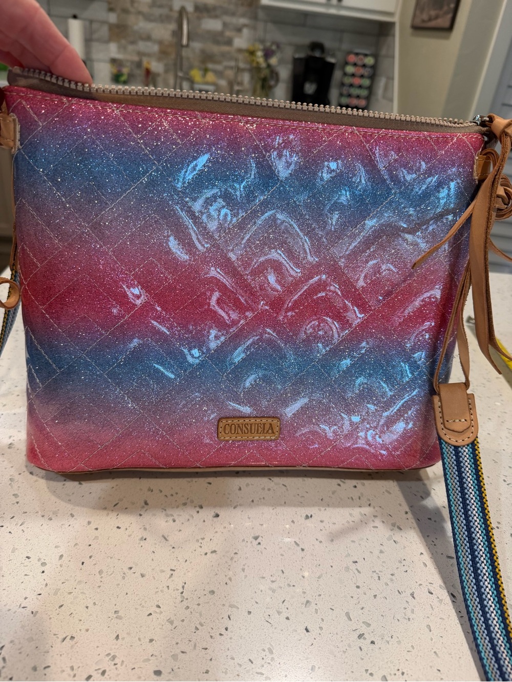 Consuela Shimmery Pink-Blue Ombre Quilted Crossbody
